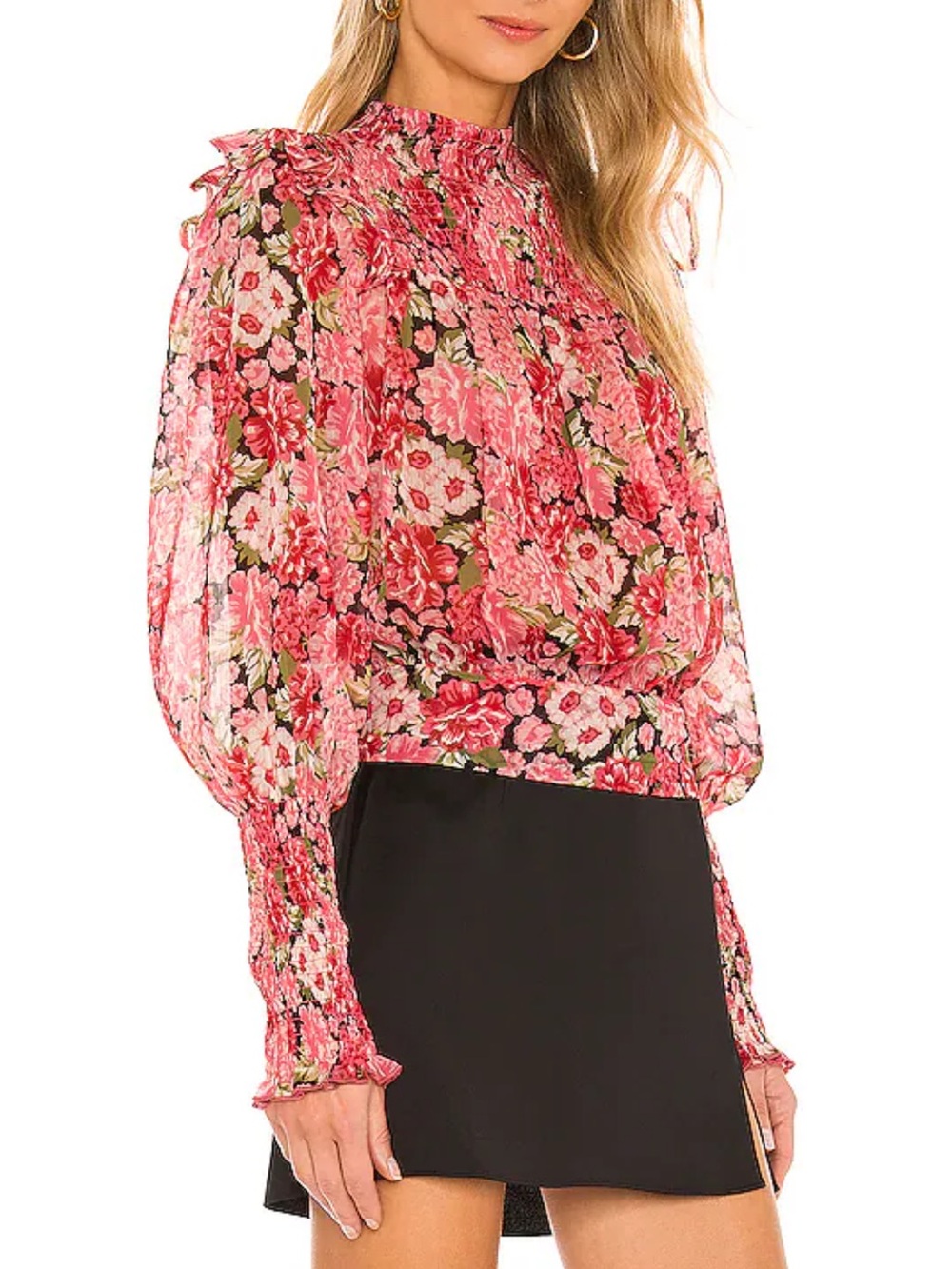 Bardot Remi Floral Smocked High-Neck Blouse Blouse in Pink Gardenia - Picture 2 of 13